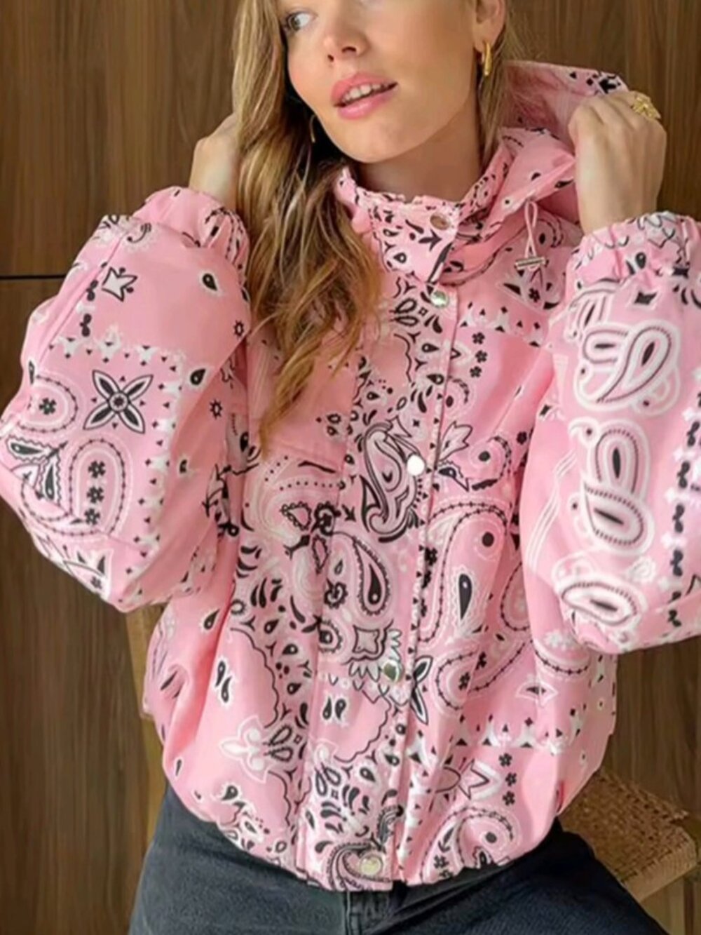 Pink Print Hooded Jacket Coat Women's Streetwear Cropped Windbreaker Casual